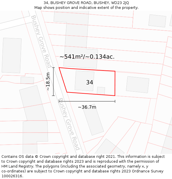 34, BUSHEY GROVE ROAD, BUSHEY, WD23 2JQ: Plot and title map