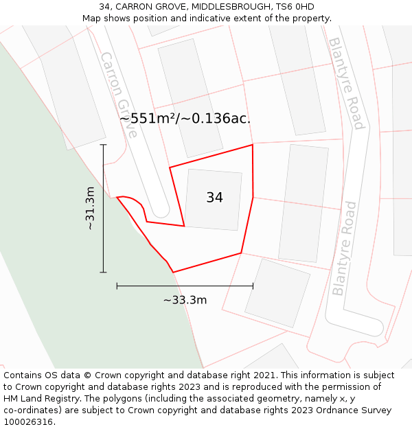 34, CARRON GROVE, MIDDLESBROUGH, TS6 0HD: Plot and title map