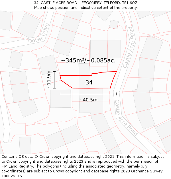 34, CASTLE ACRE ROAD, LEEGOMERY, TELFORD, TF1 6QZ: Plot and title map