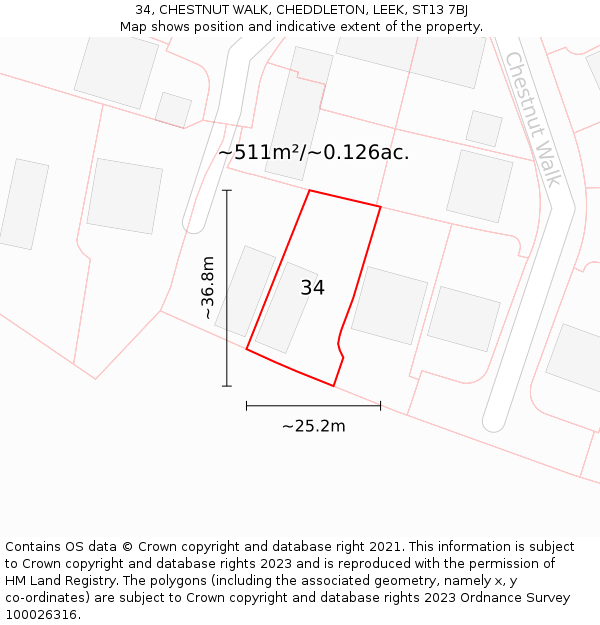 34, CHESTNUT WALK, CHEDDLETON, LEEK, ST13 7BJ: Plot and title map