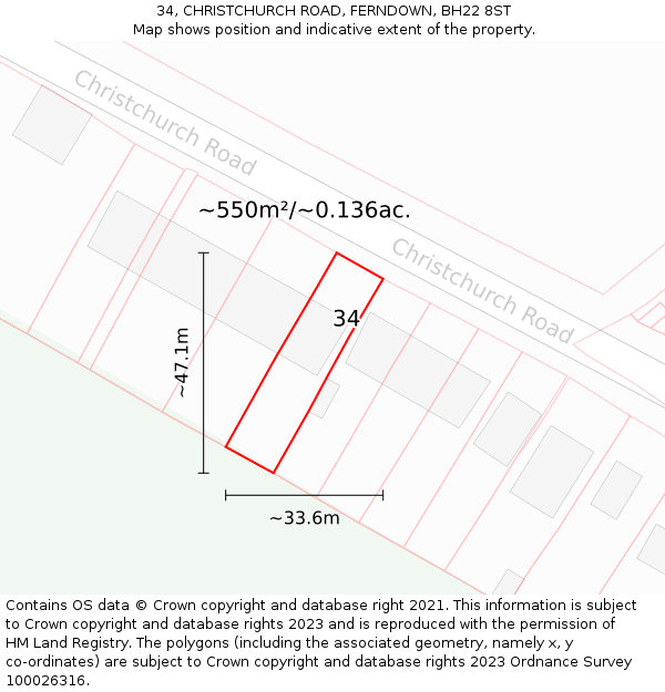 34, CHRISTCHURCH ROAD, FERNDOWN, BH22 8ST: Plot and title map