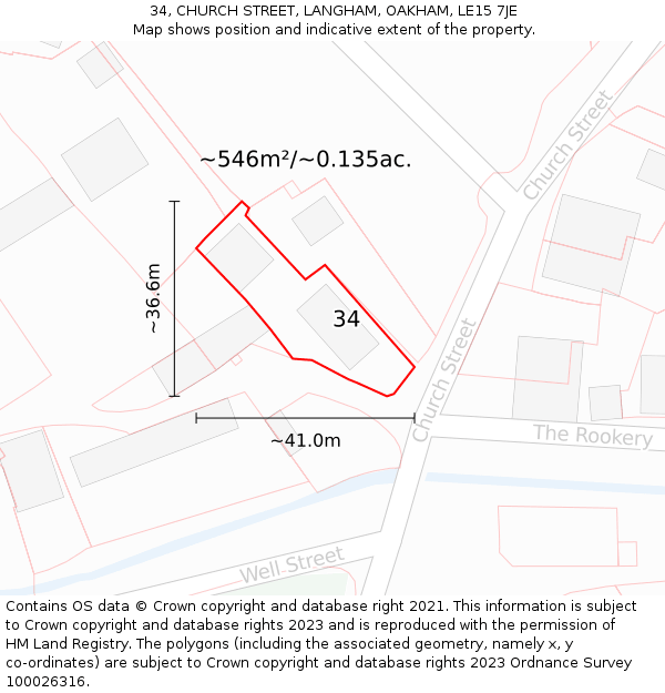 34, CHURCH STREET, LANGHAM, OAKHAM, LE15 7JE: Plot and title map