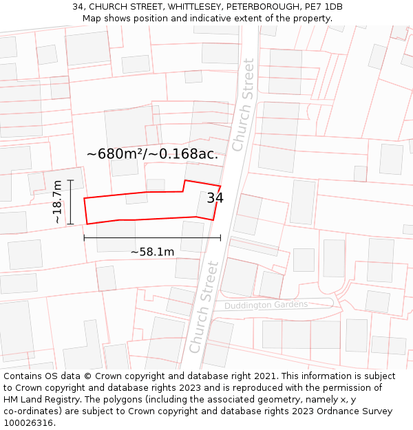 34, CHURCH STREET, WHITTLESEY, PETERBOROUGH, PE7 1DB: Plot and title map