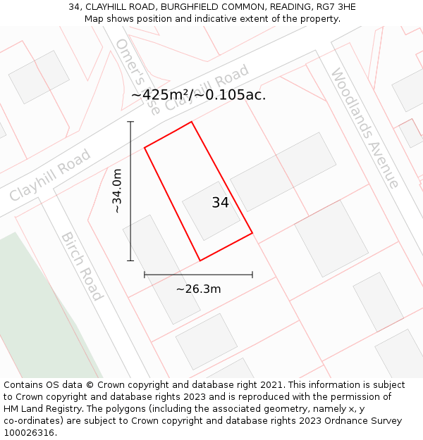 34, CLAYHILL ROAD, BURGHFIELD COMMON, READING, RG7 3HE: Plot and title map