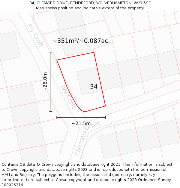 34, CLEMATIS DRIVE, PENDEFORD, WOLVERHAMPTON, WV9 5SD: Plot and title map