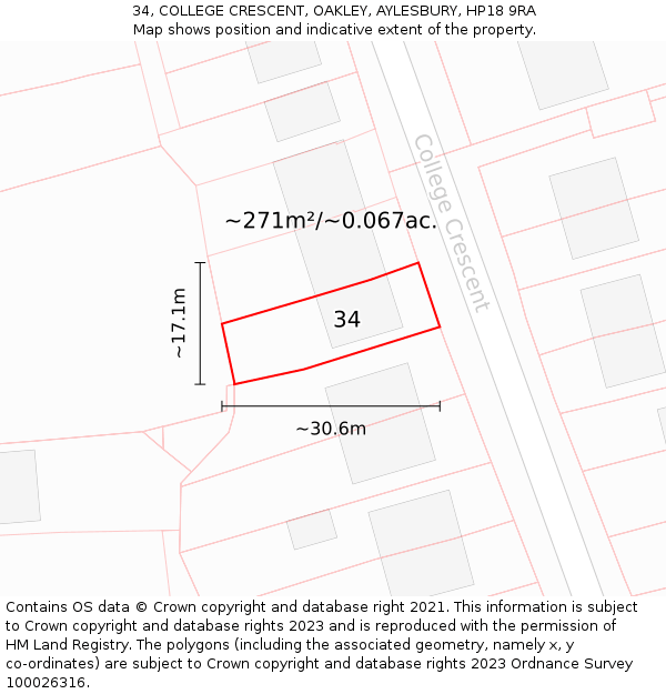 34, COLLEGE CRESCENT, OAKLEY, AYLESBURY, HP18 9RA: Plot and title map