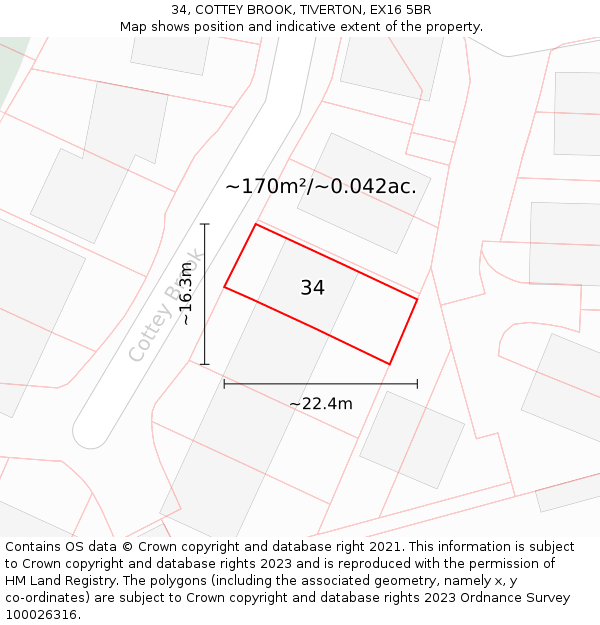 34, COTTEY BROOK, TIVERTON, EX16 5BR: Plot and title map