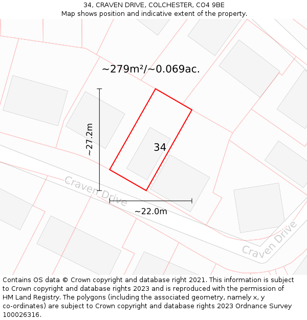 34, CRAVEN DRIVE, COLCHESTER, CO4 9BE: Plot and title map