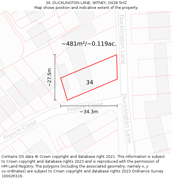 34, DUCKLINGTON LANE, WITNEY, OX28 5HZ: Plot and title map