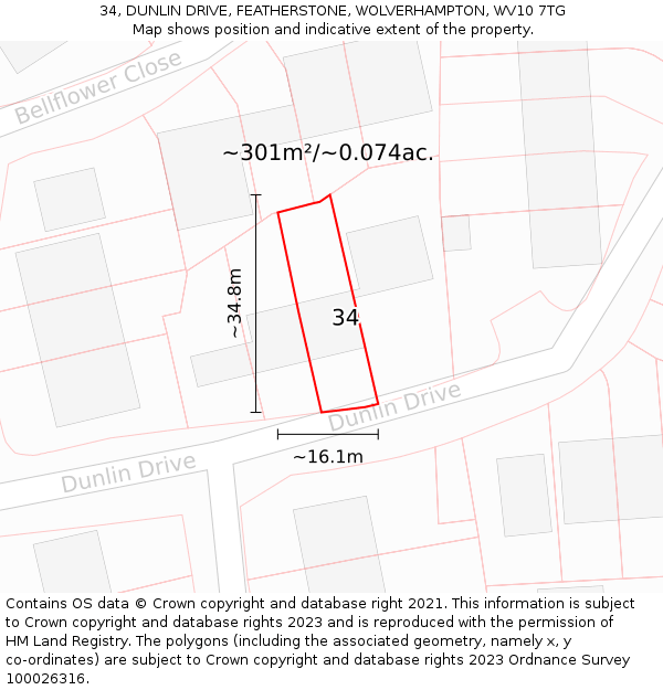 34, DUNLIN DRIVE, FEATHERSTONE, WOLVERHAMPTON, WV10 7TG: Plot and title map