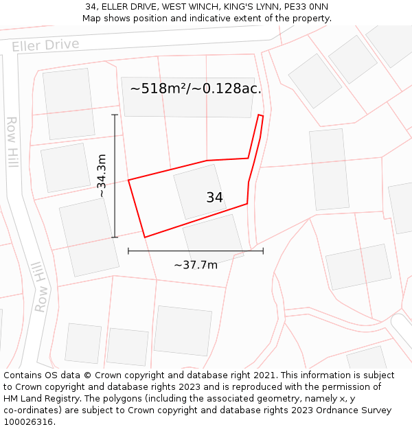 34, ELLER DRIVE, WEST WINCH, KING'S LYNN, PE33 0NN: Plot and title map