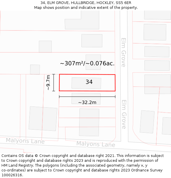 34, ELM GROVE, HULLBRIDGE, HOCKLEY, SS5 6ER: Plot and title map