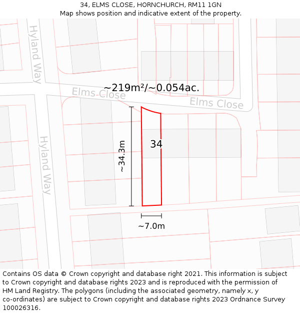 34, ELMS CLOSE, HORNCHURCH, RM11 1GN: Plot and title map