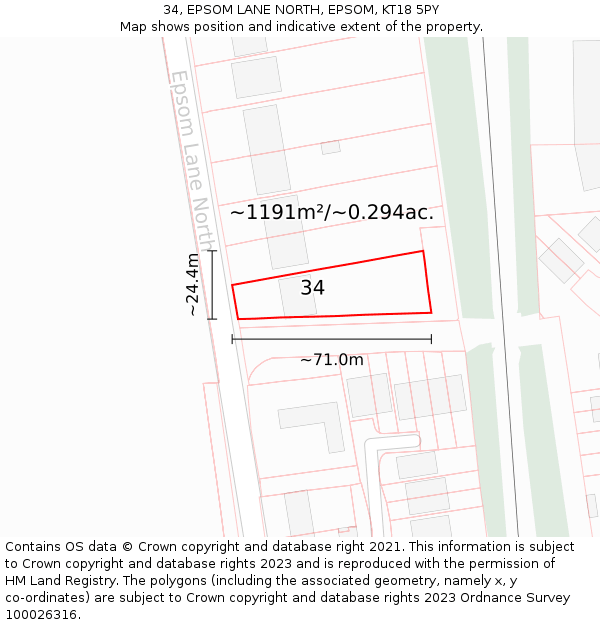 34, EPSOM LANE NORTH, EPSOM, KT18 5PY: Plot and title map