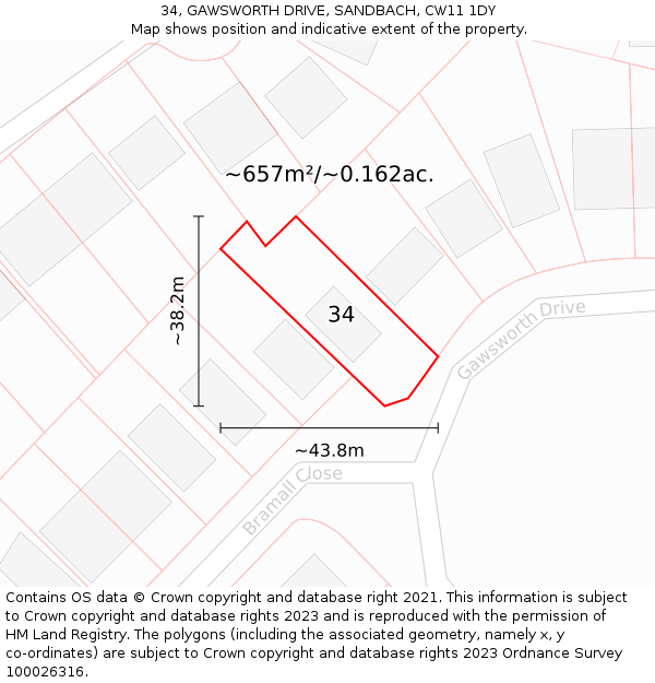 34, GAWSWORTH DRIVE, SANDBACH, CW11 1DY: Plot and title map