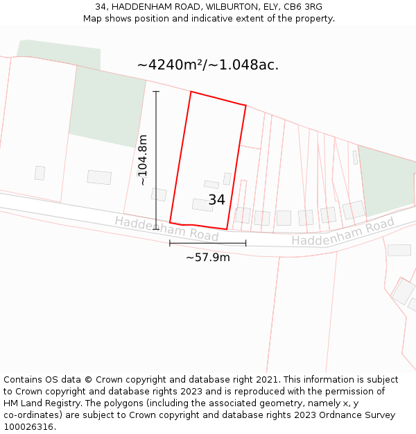 34, HADDENHAM ROAD, WILBURTON, ELY, CB6 3RG: Plot and title map