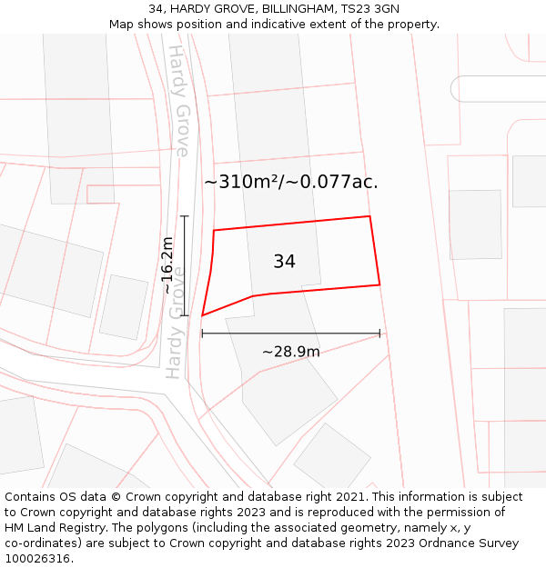 34, HARDY GROVE, BILLINGHAM, TS23 3GN: Plot and title map