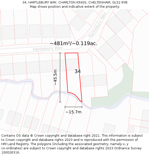 34, HARTLEBURY WAY, CHARLTON KINGS, CHELTENHAM, GL52 6YB: Plot and title map