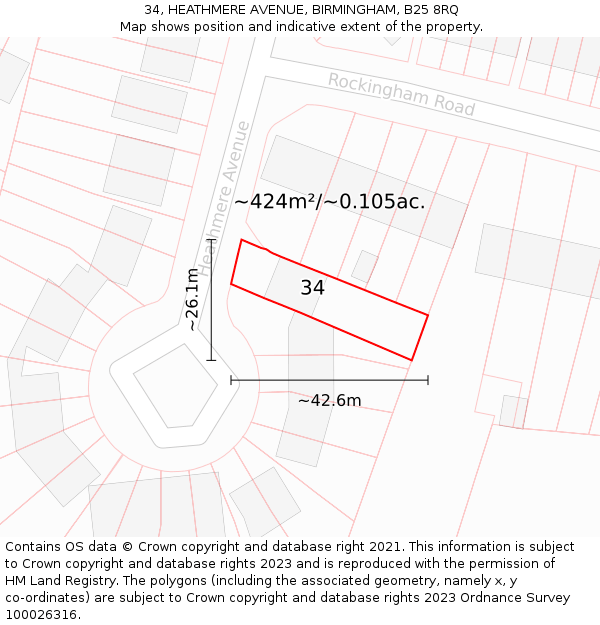 34, HEATHMERE AVENUE, BIRMINGHAM, B25 8RQ: Plot and title map