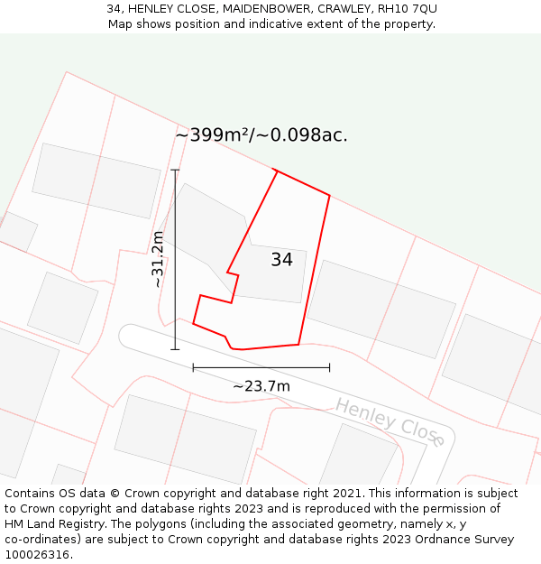 34, HENLEY CLOSE, MAIDENBOWER, CRAWLEY, RH10 7QU: Plot and title map