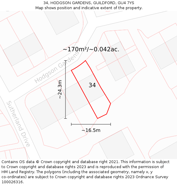 34, HODGSON GARDENS, GUILDFORD, GU4 7YS: Plot and title map