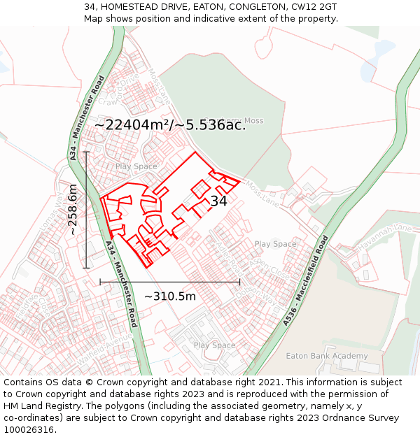 34, HOMESTEAD DRIVE, EATON, CONGLETON, CW12 2GT: Plot and title map