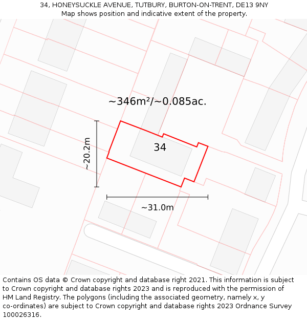 34, HONEYSUCKLE AVENUE, TUTBURY, BURTON-ON-TRENT, DE13 9NY: Plot and title map