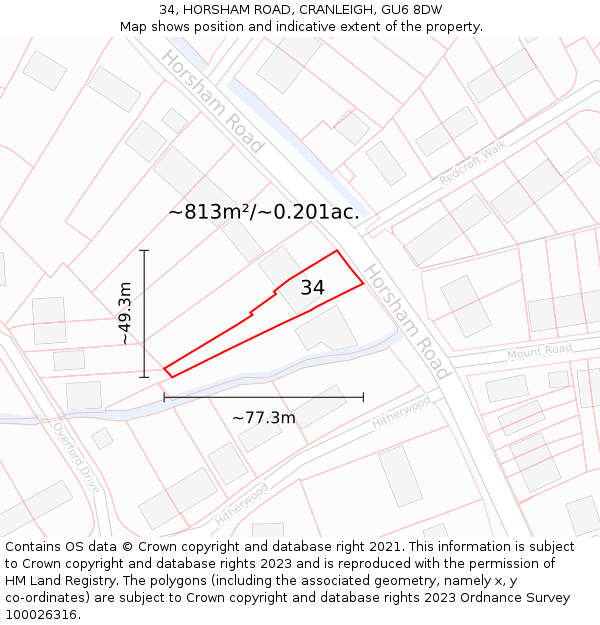 34, HORSHAM ROAD, CRANLEIGH, GU6 8DW: Plot and title map