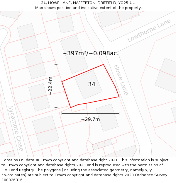 34, HOWE LANE, NAFFERTON, DRIFFIELD, YO25 4JU: Plot and title map