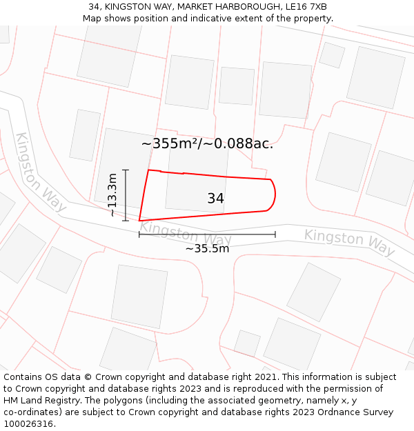 34, KINGSTON WAY, MARKET HARBOROUGH, LE16 7XB: Plot and title map