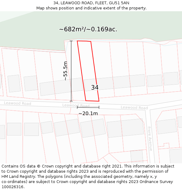 34, LEAWOOD ROAD, FLEET, GU51 5AN: Plot and title map