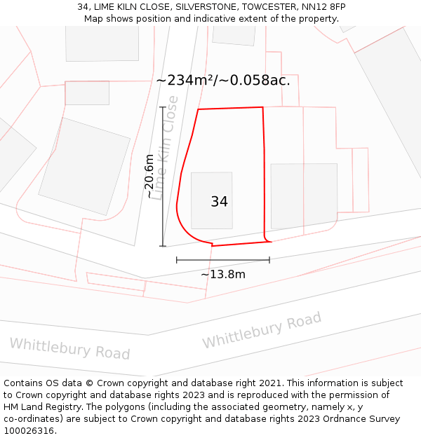 34, LIME KILN CLOSE, SILVERSTONE, TOWCESTER, NN12 8FP: Plot and title map