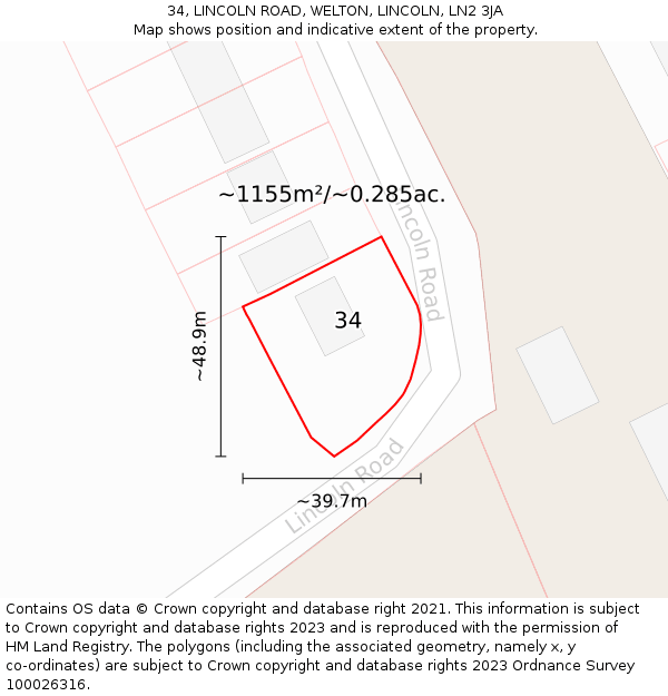 34, LINCOLN ROAD, WELTON, LINCOLN, LN2 3JA: Plot and title map