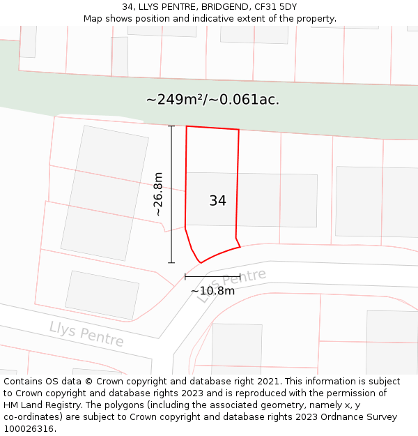 34, LLYS PENTRE, BRIDGEND, CF31 5DY: Plot and title map