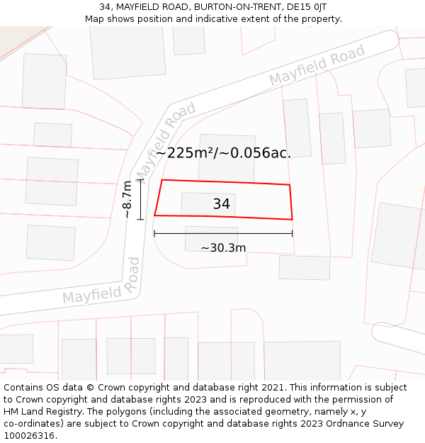 34, MAYFIELD ROAD, BURTON-ON-TRENT, DE15 0JT: Plot and title map