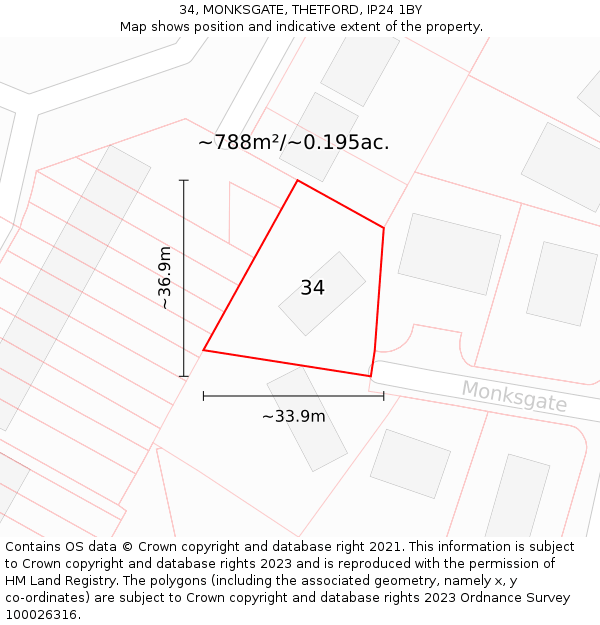 34, MONKSGATE, THETFORD, IP24 1BY: Plot and title map