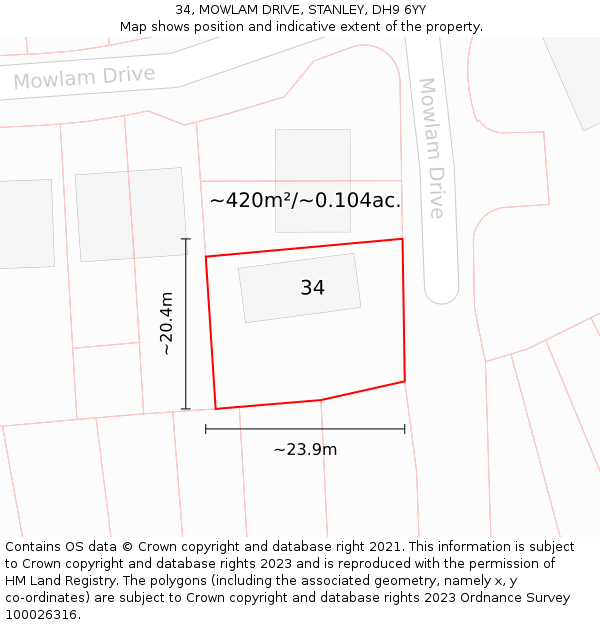 34, MOWLAM DRIVE, STANLEY, DH9 6YY: Plot and title map