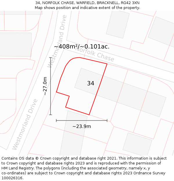 34, NORFOLK CHASE, WARFIELD, BRACKNELL, RG42 3XN: Plot and title map