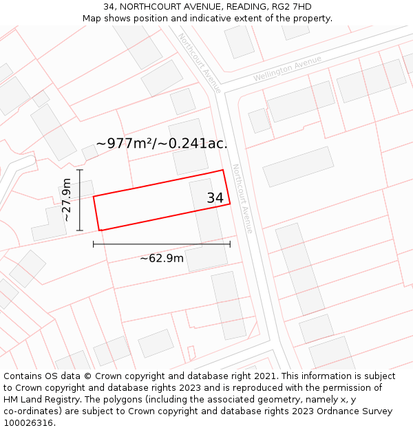 34, NORTHCOURT AVENUE, READING, RG2 7HD: Plot and title map