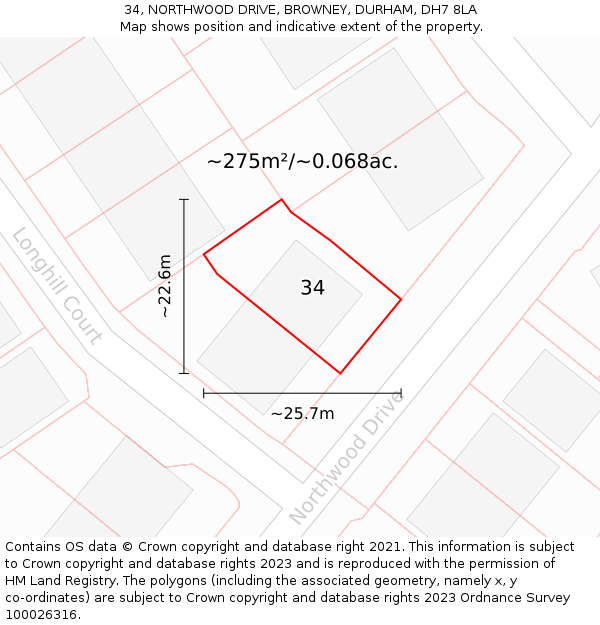 34, NORTHWOOD DRIVE, BROWNEY, DURHAM, DH7 8LA: Plot and title map