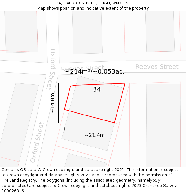 34, OXFORD STREET, LEIGH, WN7 1NE: Plot and title map