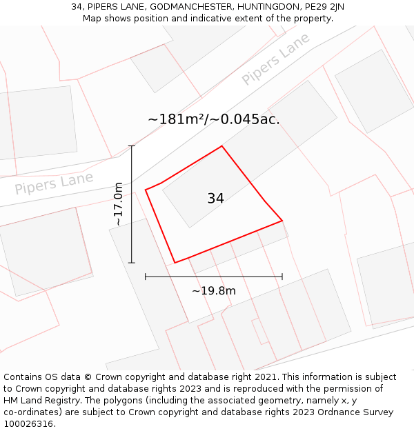 34, PIPERS LANE, GODMANCHESTER, HUNTINGDON, PE29 2JN: Plot and title map