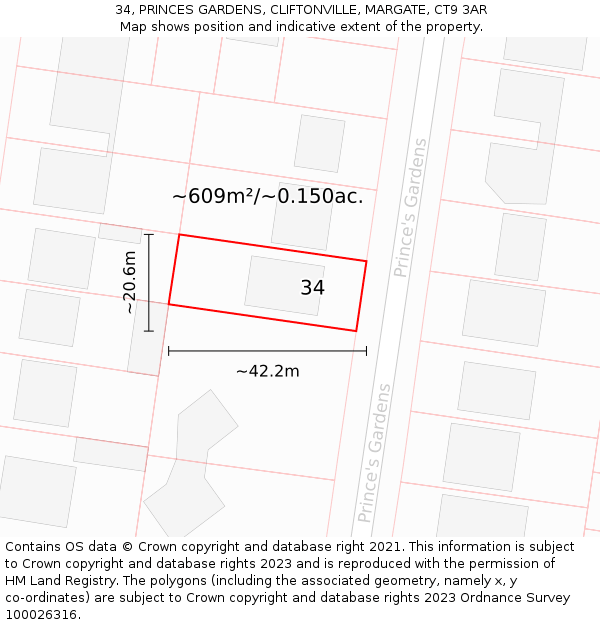 34, PRINCES GARDENS, CLIFTONVILLE, MARGATE, CT9 3AR: Plot and title map