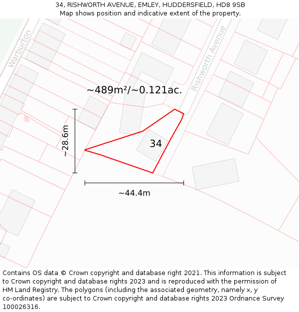 34, RISHWORTH AVENUE, EMLEY, HUDDERSFIELD, HD8 9SB: Plot and title map