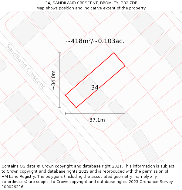 34, SANDILAND CRESCENT, BROMLEY, BR2 7DR: Plot and title map