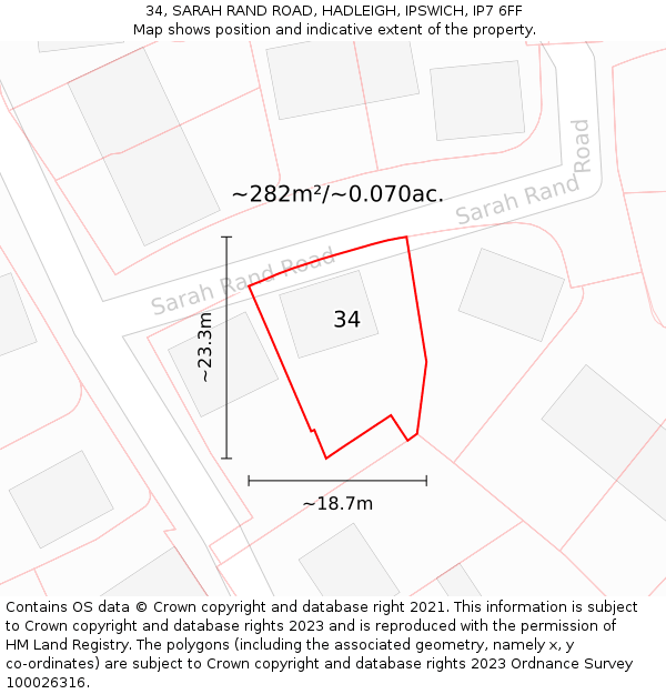 34, SARAH RAND ROAD, HADLEIGH, IPSWICH, IP7 6FF: Plot and title map