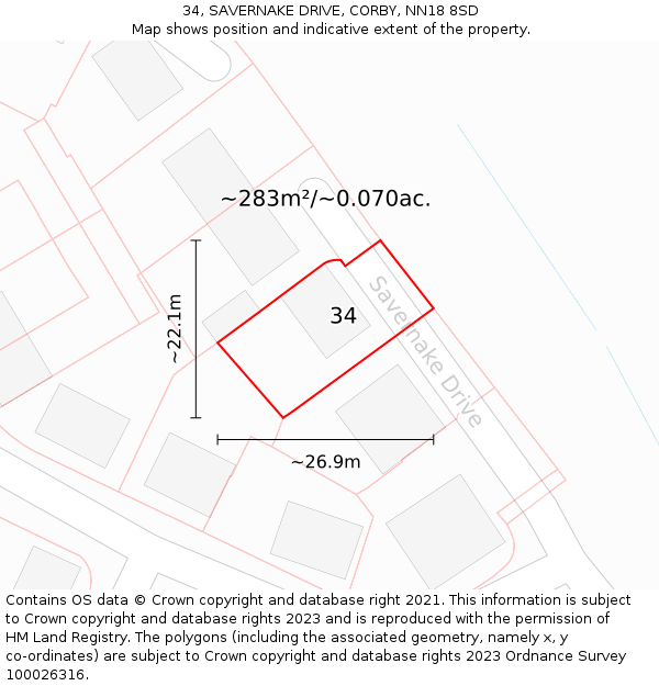 34, SAVERNAKE DRIVE, CORBY, NN18 8SD: Plot and title map