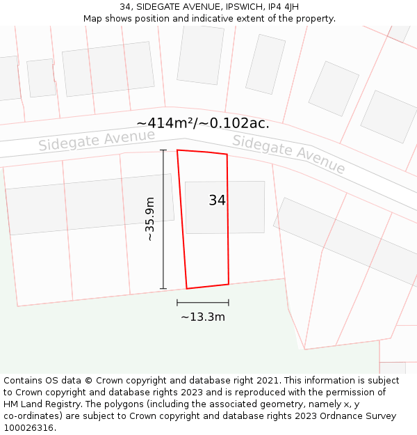 34, SIDEGATE AVENUE, IPSWICH, IP4 4JH: Plot and title map