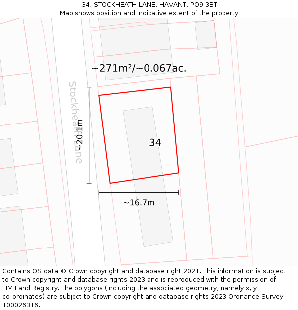 34, STOCKHEATH LANE, HAVANT, PO9 3BT: Plot and title map