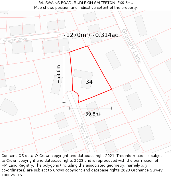 34, SWAINS ROAD, BUDLEIGH SALTERTON, EX9 6HU: Plot and title map